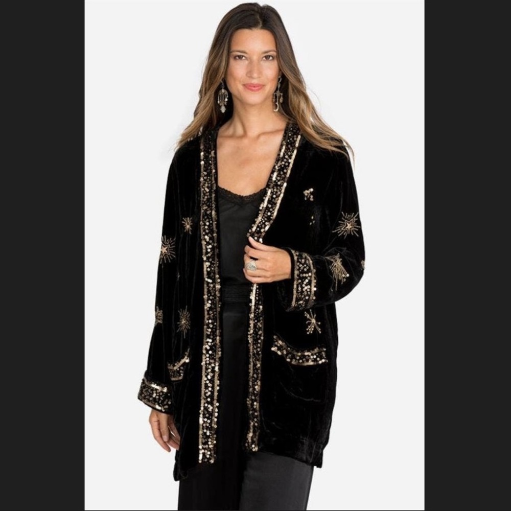 Johnny Was ARUNA VELVET SMOKING JACKET sun star Kimono like new condition Sz S
